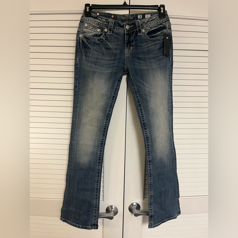 Miss Me Blue Boot Cut Jeans with Embellished Design, 34” inseam